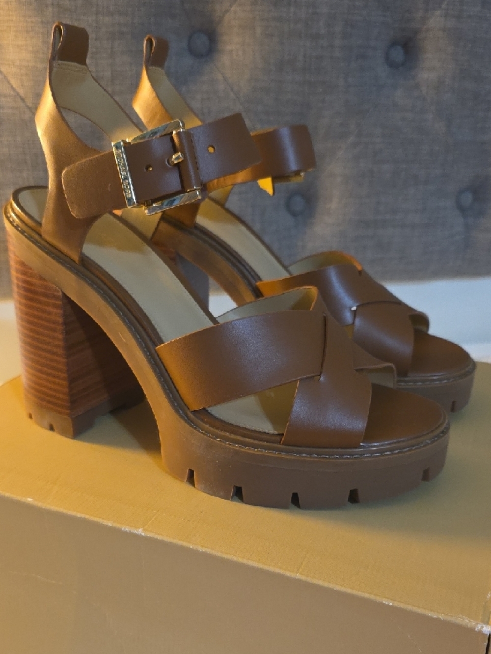 Michael Kors Brown Leather Platform Lug Sandals - Picture 4 of 7